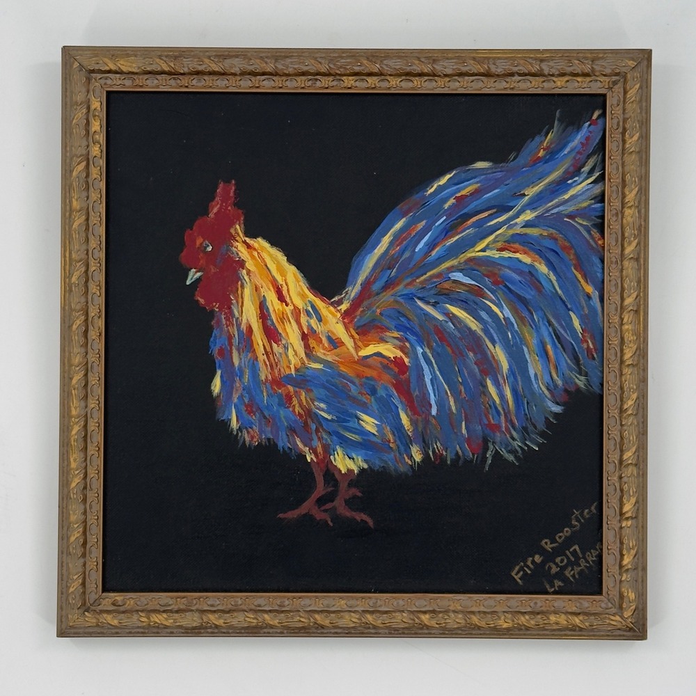 Original Fire Rooster Painting on Canvas Gilt Frame